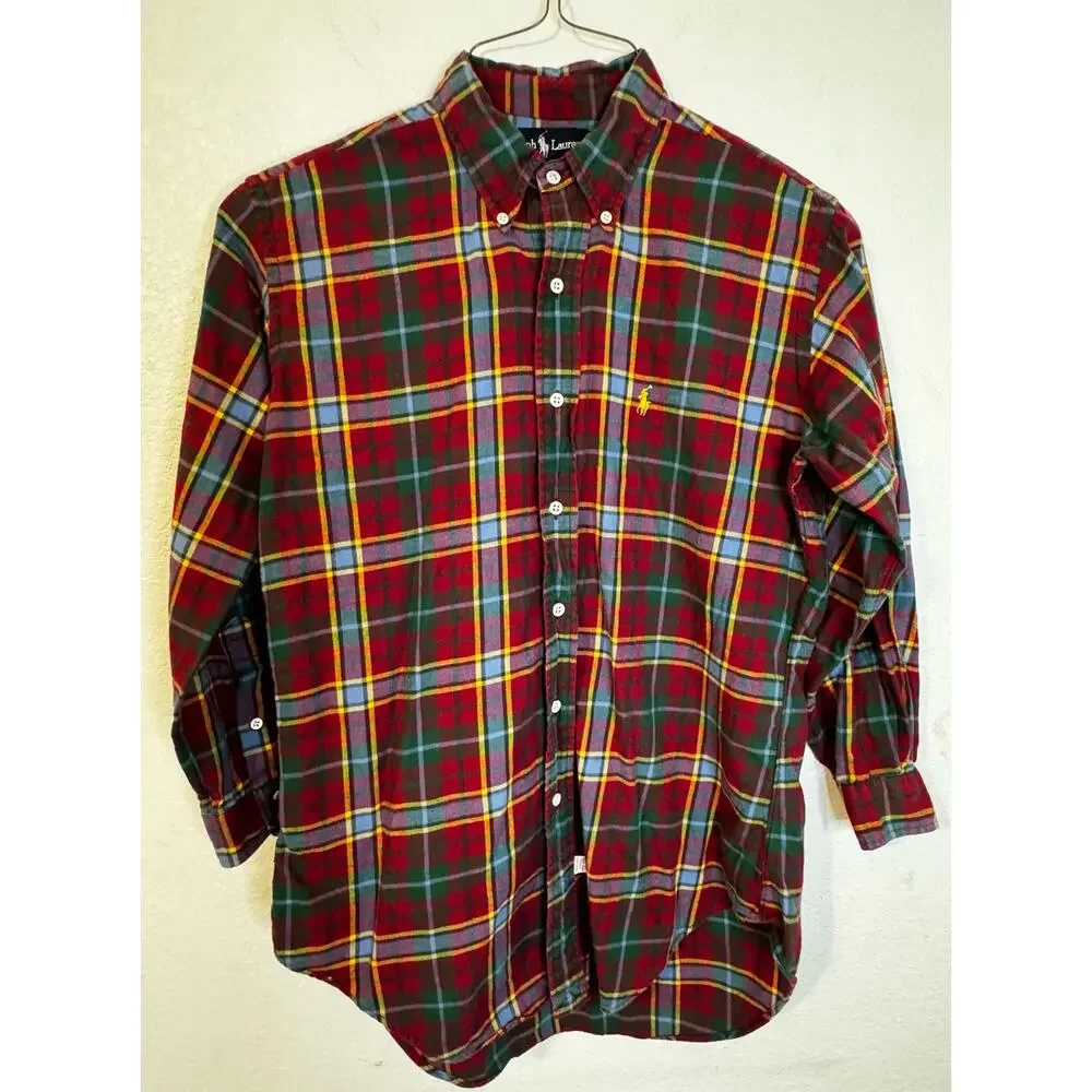Ralph Lauren Classic Fit Plaid Flannel Button Down Shirt‎ Pony Logo Maroon Multi